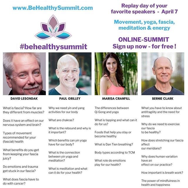 I just realized that I was chosen by listeners as one of the favorite 4 speakers in the Be Healthy Summit. It is such an honor to be with Paul Grilley, one of my own top respected Qi masters too! Replay time! In case you missed it the link is in bio?