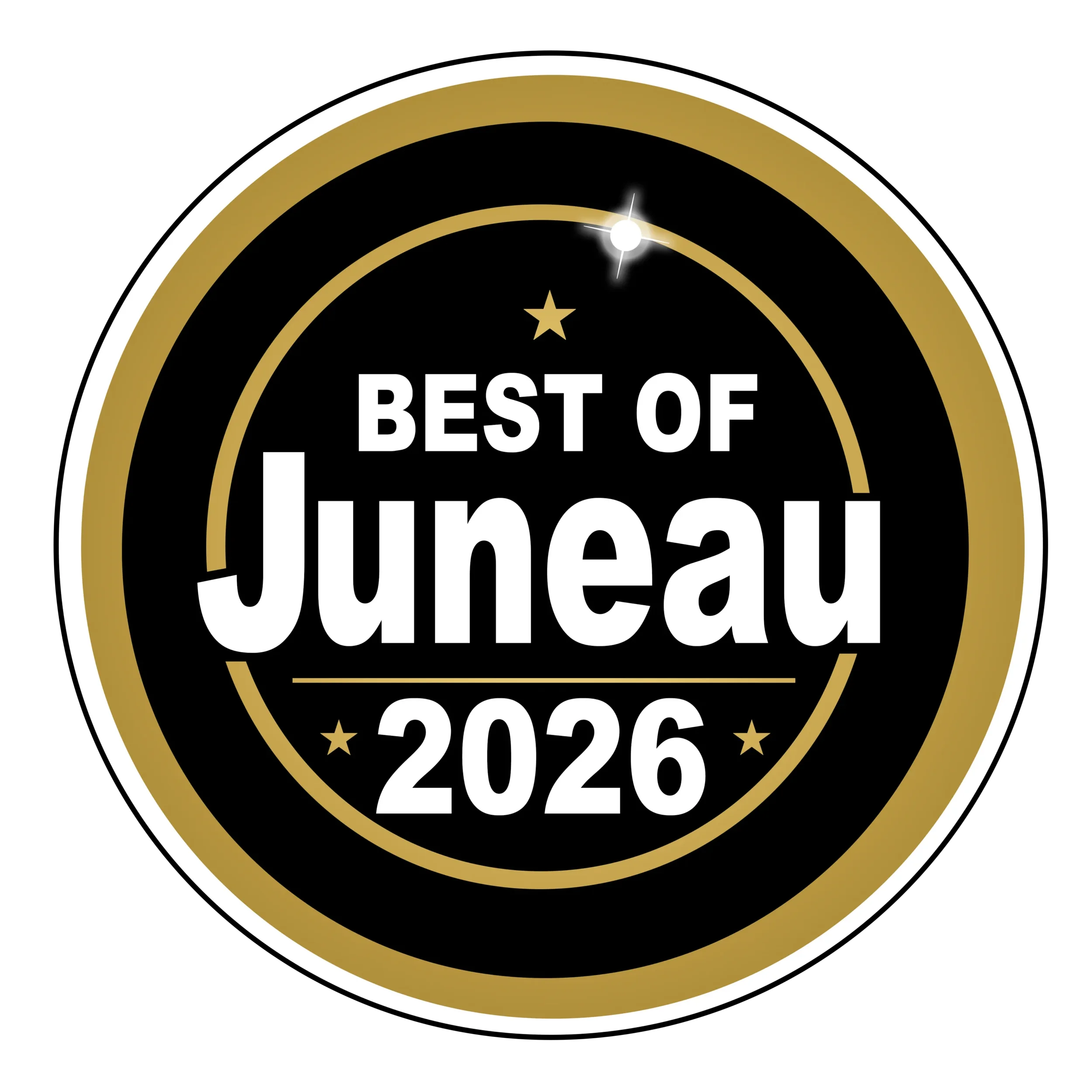 Gold and black circular badge with stars, reading 'Best of Juneau 2026'.