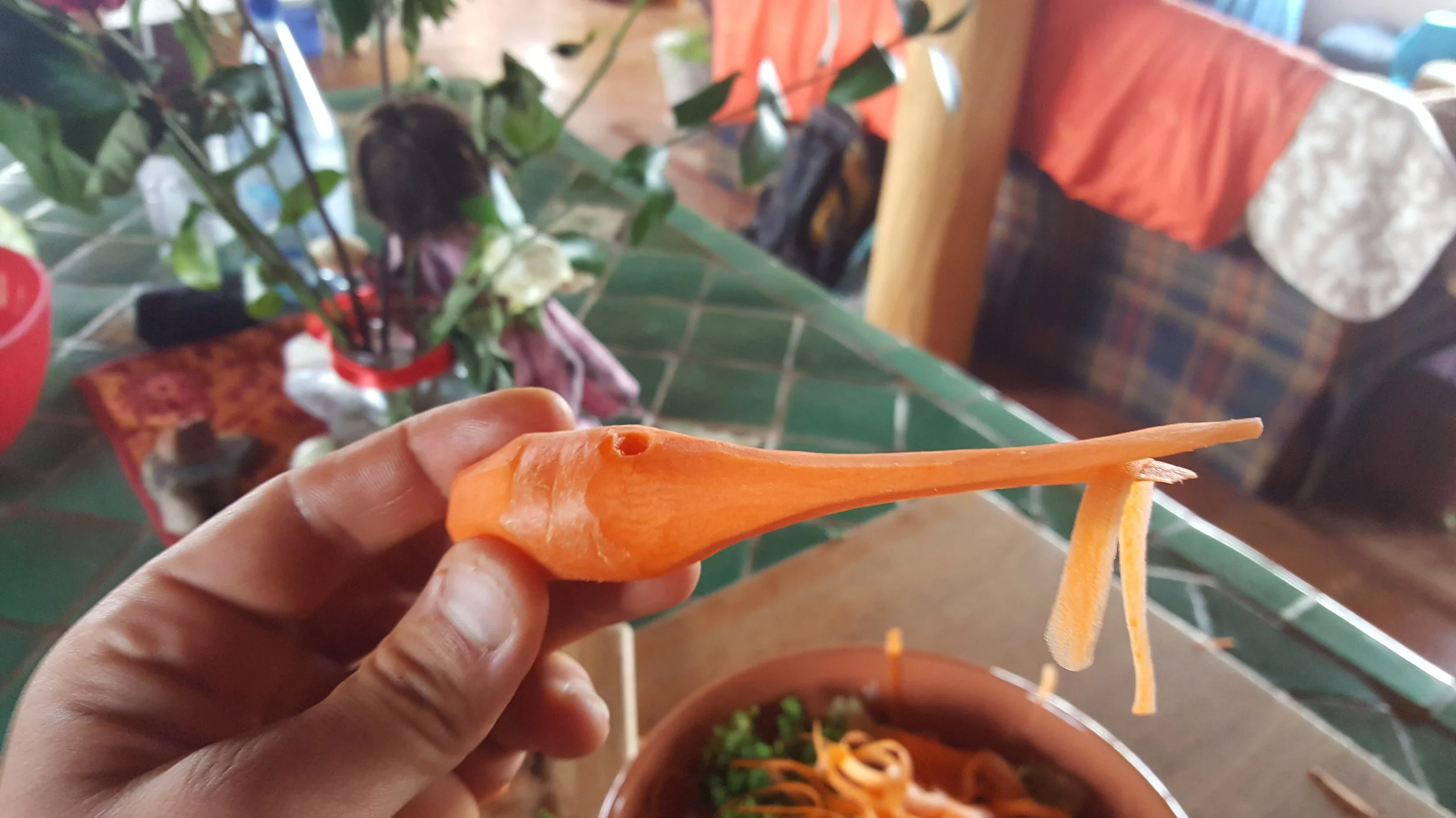 I was making a salad after school that night and my nascent woodcarving skills immediately recognized the bird in this carrot (that's a worm in its mouth). The kids clambered for it, so that I had to make another one so they could both eat one.