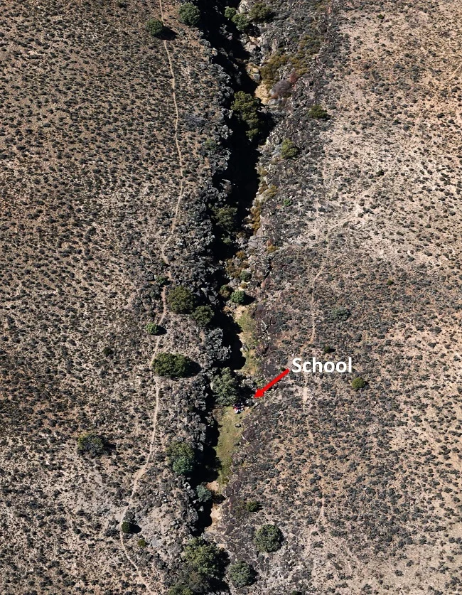 That tiny spot of color is our kindergarten class in Bone Canyon, a small side canyon off the Rio Grande Gorge.