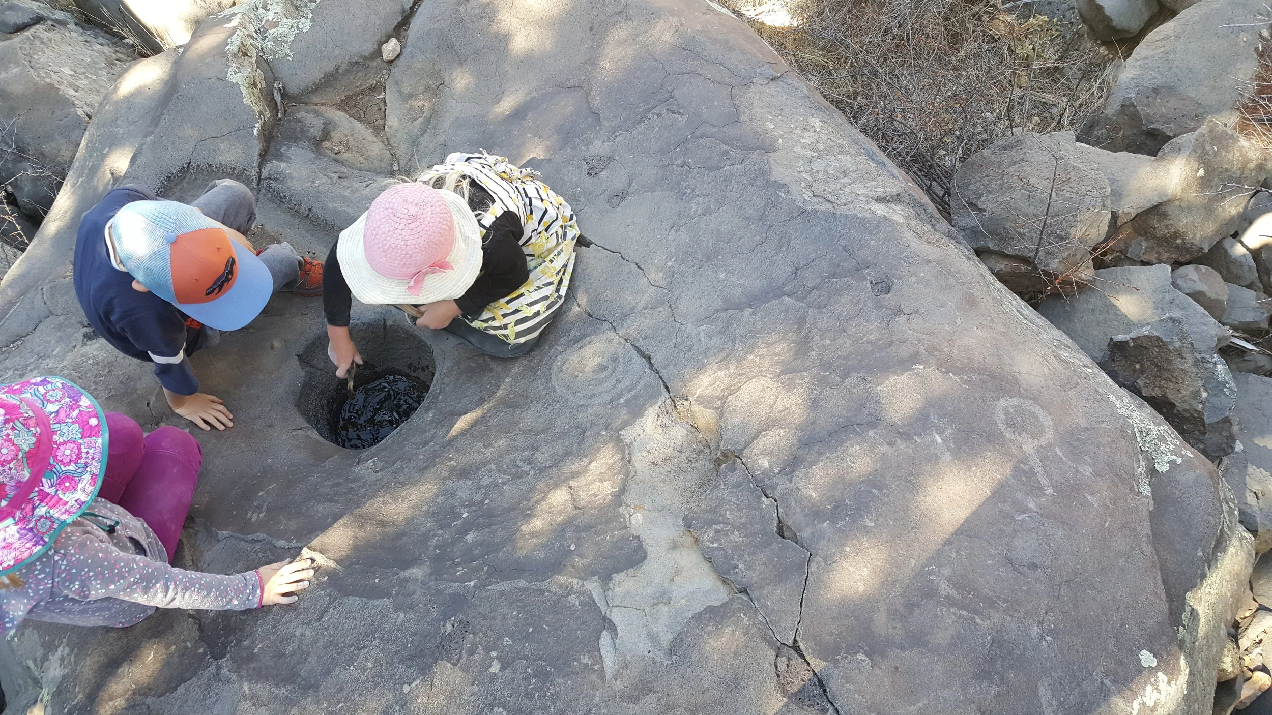 There are a number of curious holes in these boulders, some of which hold water for long periods of time when the earth is dry and bare. We sometimes find tadpoles inside. Look close and you will see petroglyphs on the rocks.