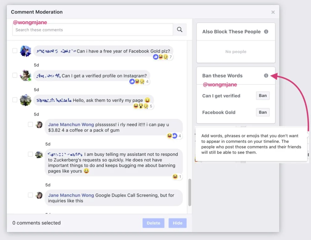 Facebook's testing a new option that would enable users to ban certain keywords from appearing within the comments on their personal timeline.