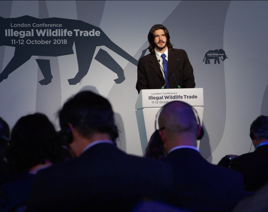 Lecturing at IWT London 2018 to present the ICAWT campaign to tackle wildlife trafficking.