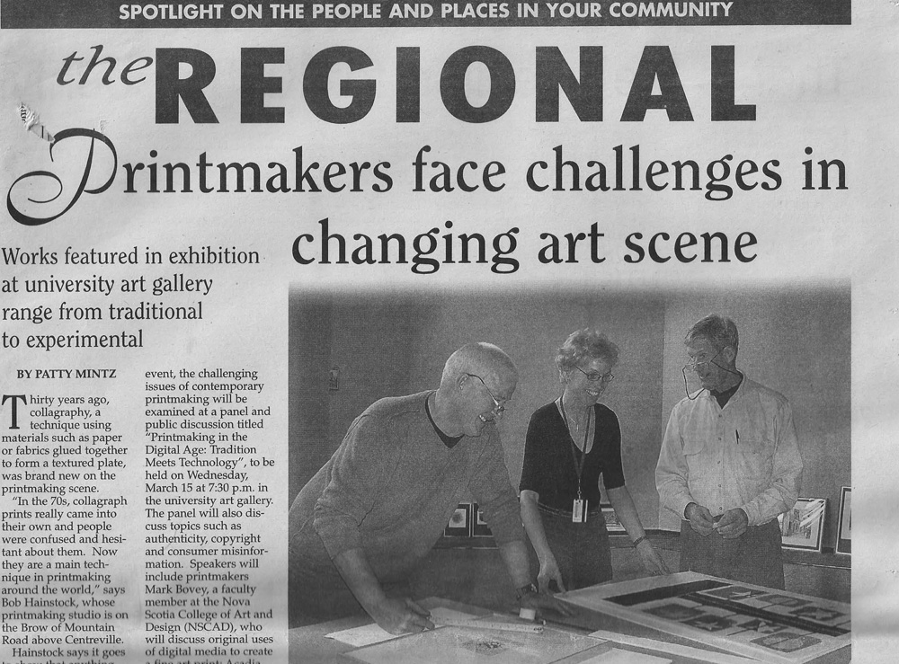 Bob, Ed Porter, head of Printmaking at the Nova Scotia College of Art & Design, and Fran Kruschen, director of the Acadia University Art Gallery, plan an opening for the annual exhibition of the Nova Scotia Printmakers Association.
