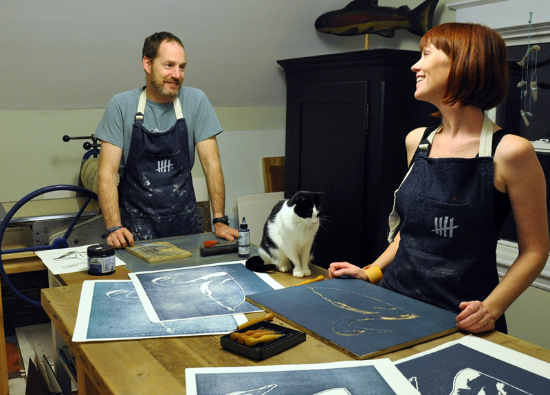 Meg and Stephen have just installed an intaglio press in their Winnipeg printmaking studio. Both are biologists by day, and printmakers by night and weekend, with several very successful joint exhibitions to their credit. The press was one of several presses originally built for Bob, by Kentville, machinist Glen Doherty at his Heritage Machining shop.