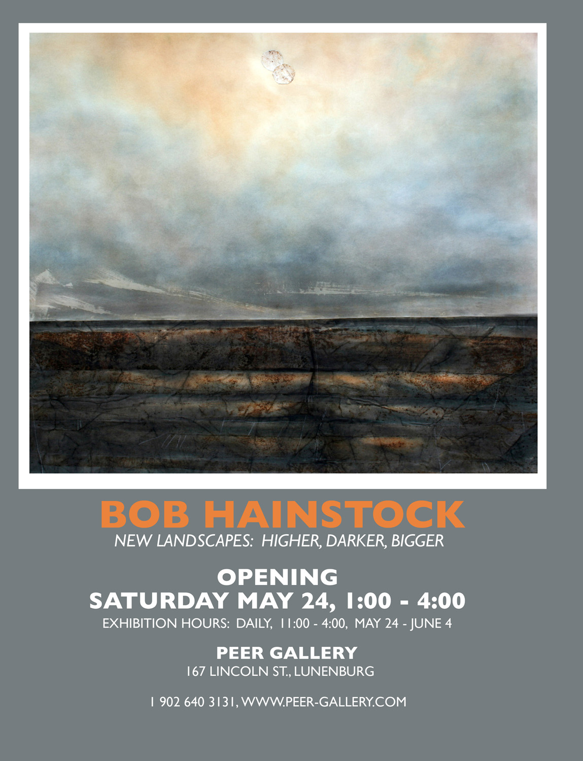 Wall poster for Bob's solo exhibition at Peer Gallery in Lunenburg.