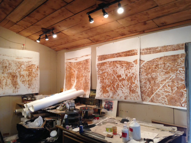 These are examples of the 48"x48" rust prints that I make with my very large, home-made hydraulic press. These and other extra large rust prints will often hang in my studio for days, weeks or months, before a potential image jumps out at me. I then decide how I will treat the abstracted textures with mixed media.. Check out the "About" section which contains better photos and step-by-step explanations regarding my unique rust prints.