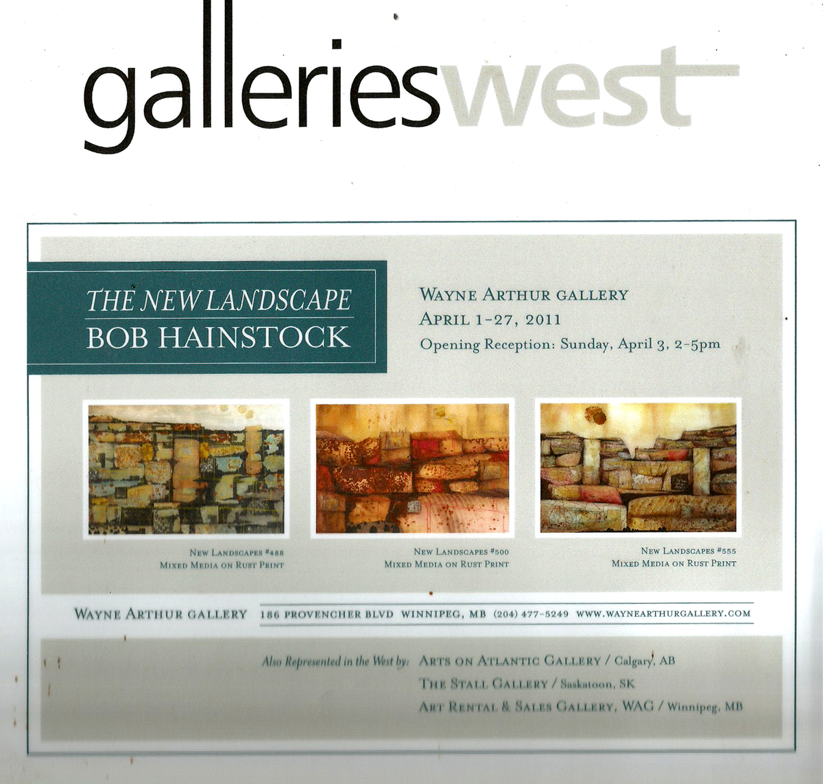 An ad in the Galleries West magazine noting details of Bob's new show in Winnipeg, as well as his representation in Calgary, Saskatoon and other Winnipeg galleries.