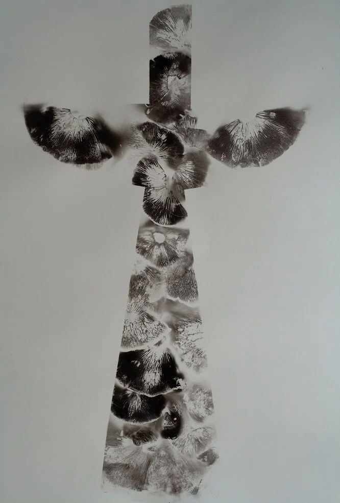 Totem, mushroom spores on paper, 22 x 30 inches, 2017