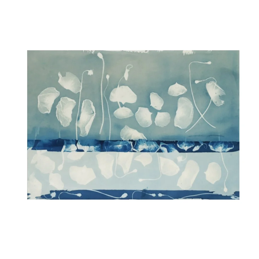 layers of poppies depicted in various tones of blue