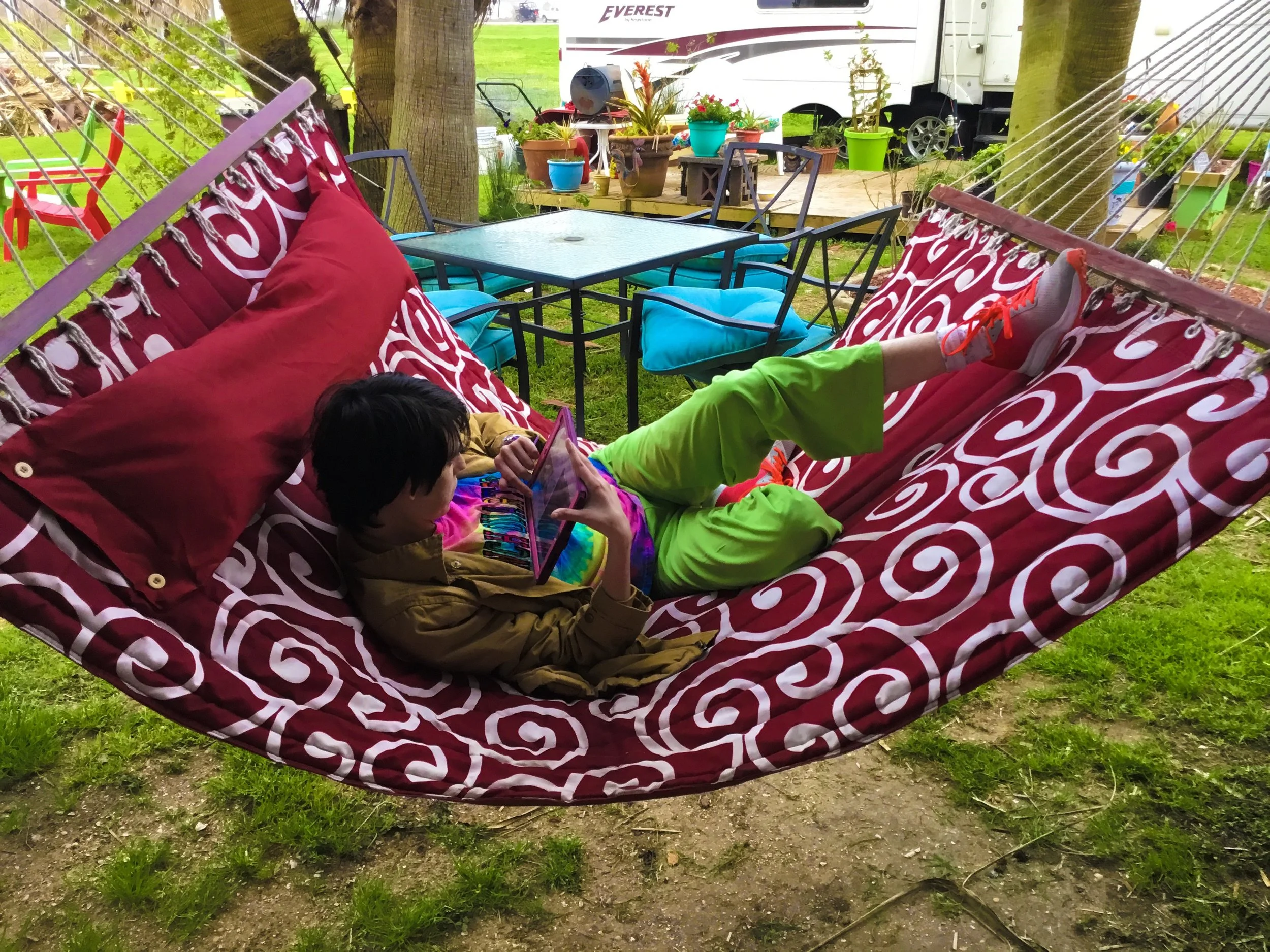 My kiddo enjoying one of the hammocks.