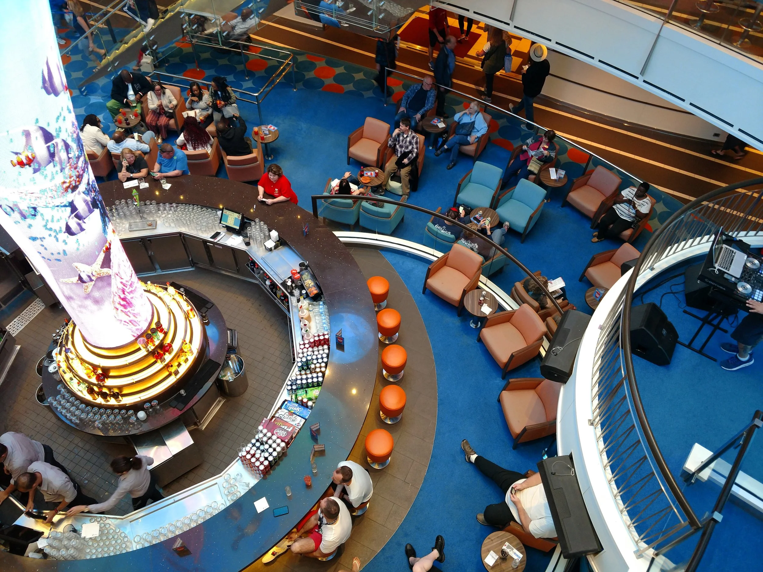 A view of the Atrium bar from above with the stage to the right.