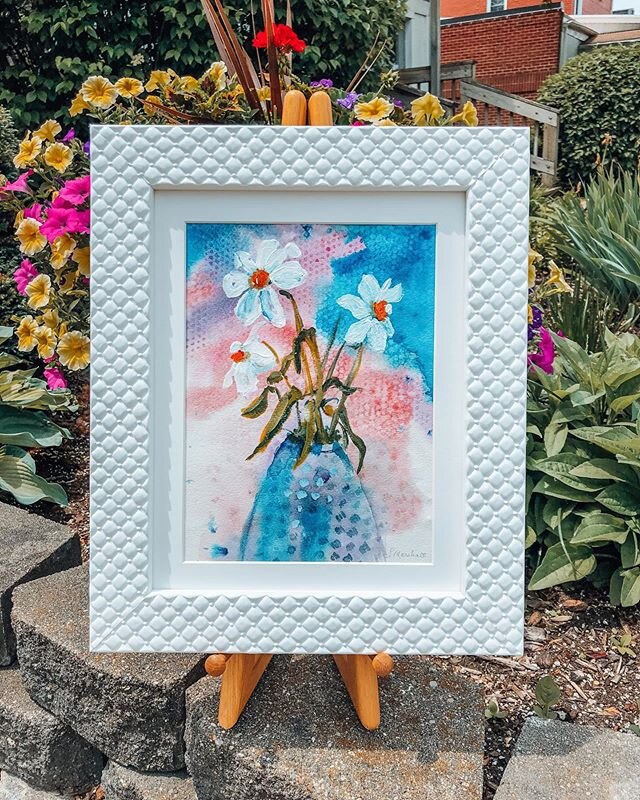 This beautiful watercolor by Lavonne Marshall is framed in a 2&rdquo; basket weave frame. The texture of the frame compliments the stamped design used in the painting!