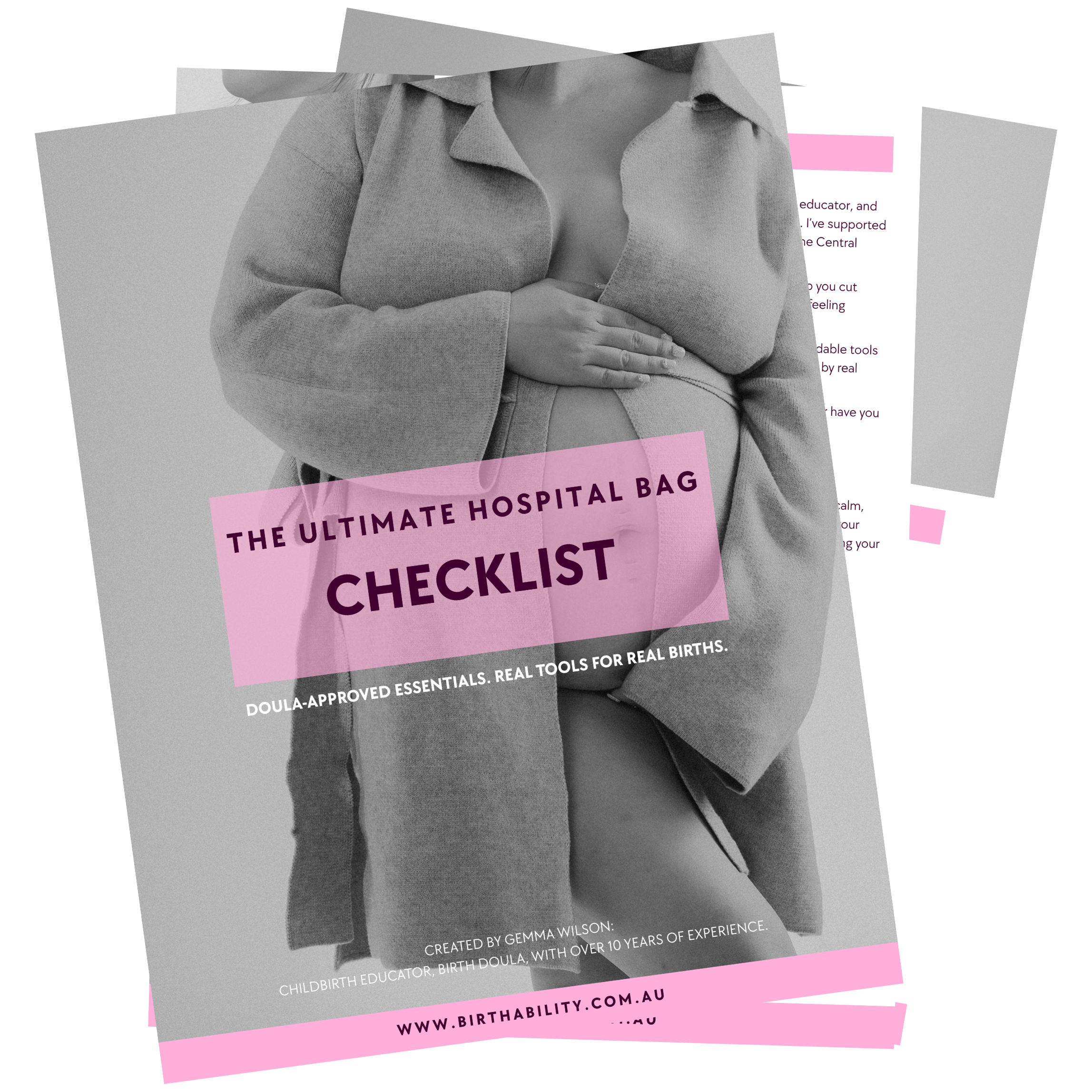 A woman holding her pregnant belly, with overlaid text that reads 'The Ultimate Hospital Bag Checklist' in bold letters, with a subtitle about doula-approved essentials, and a website URL at the bottom.