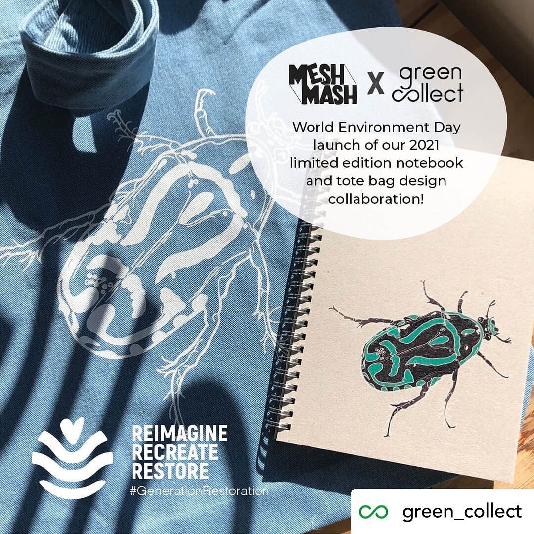 Posted @withregram &bull; @green_collect Happy World Environment Day 🌎🌿🗓 To celebrate, we've released a limited-edition notebook and totes featuring the winning design for our Mesh Mash x Green Collect competition🐞 Congratualtions to @rhiannon.cr