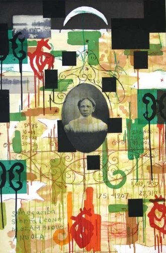 Radcliffe Bailey, Until I Die: Crossing , 1997. Color intaglio print with chine collee color Xerox.