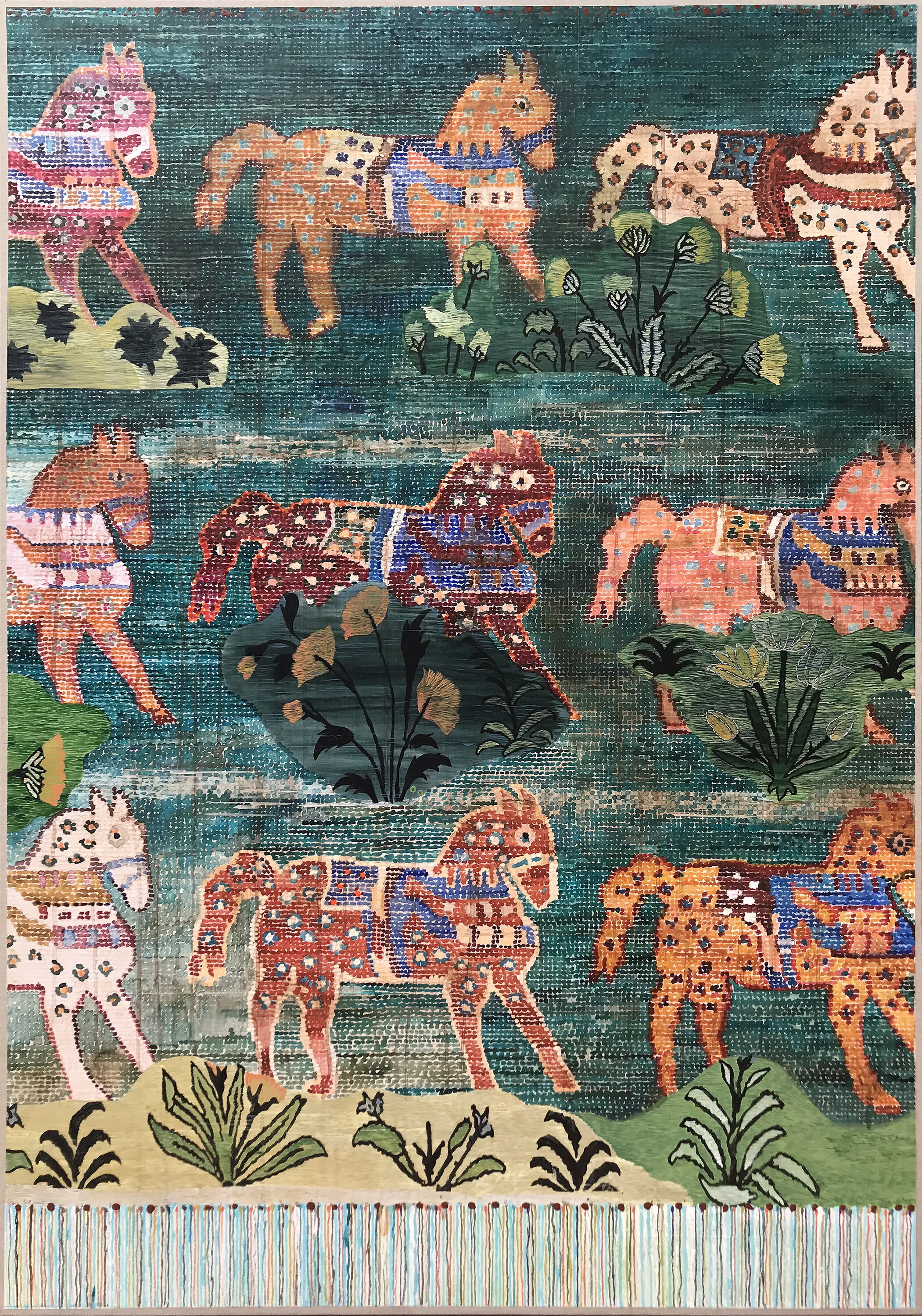 Enlightened By Poe, 2020 Acylic and colored pencil on paper and book pages mounted to canvas. 60” x 40”This work is available for purchase.