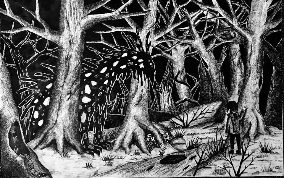 "Night of Hunted Forest". pen and ink, 2016