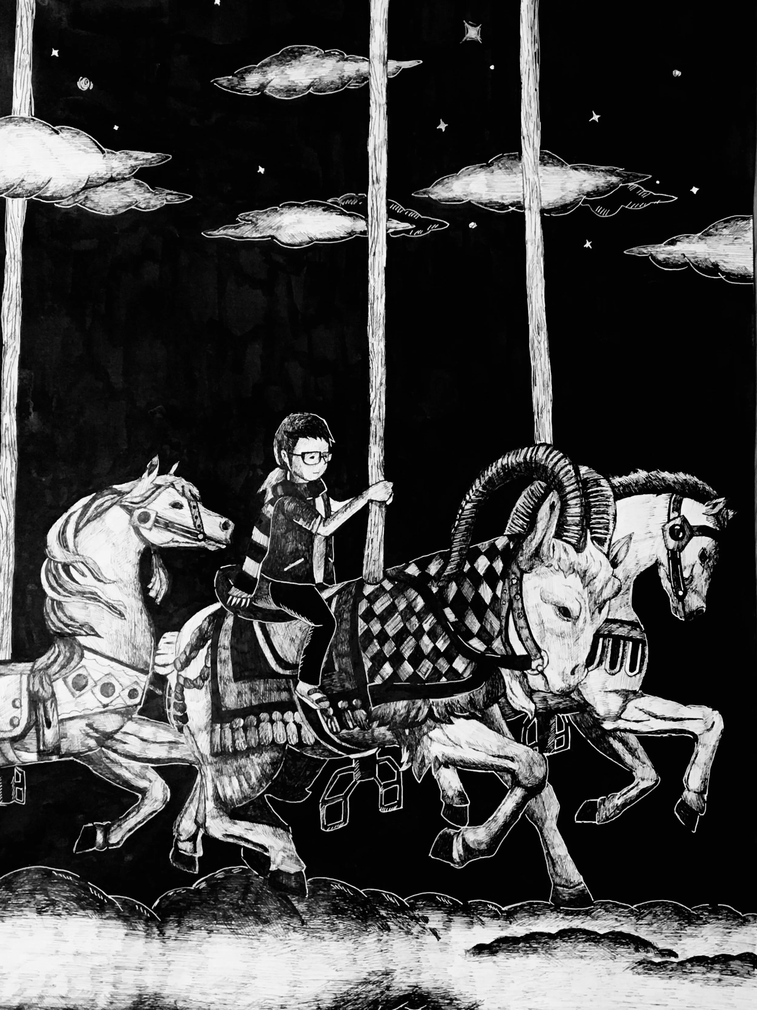 “Sky Carousel Ride” , 20 x 25 cm, pen and ink, 2019