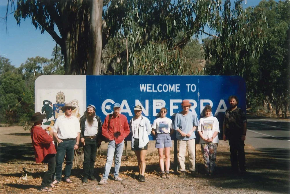 THE PIONEER POG 'N' SCROGGIN BUSH BAND (1996) (FROM LEFT TO RIGHT) TONY WILSON, GREG WAITE, JOHN STEEL, JOHN DODD, MARK LAWS, LAURA GARTNER, TAREK BAZLEY, LINDSEY SHIELDS, MIKE MORONEY.
