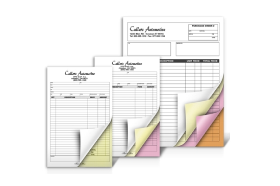 Get professional quality multi-part business forms ranging from 2 to 5 part non carbon-less (NCR) forms. Use it for invoices, services, work orders and more.