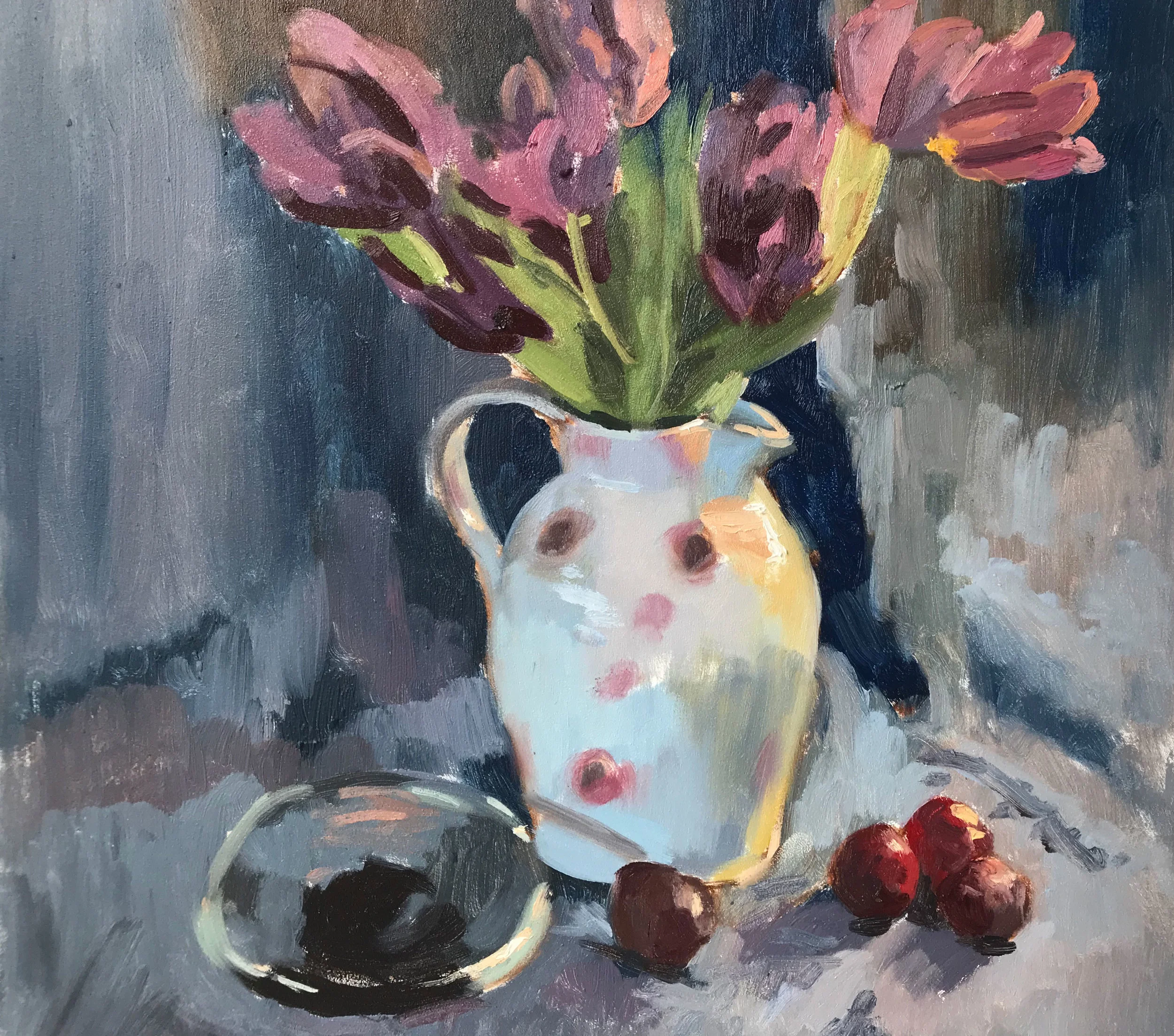 TULIPS, PLUMS AND A GLASS DISH 2019 | oil on panel | 16x16” £925 framed by The Frame Library