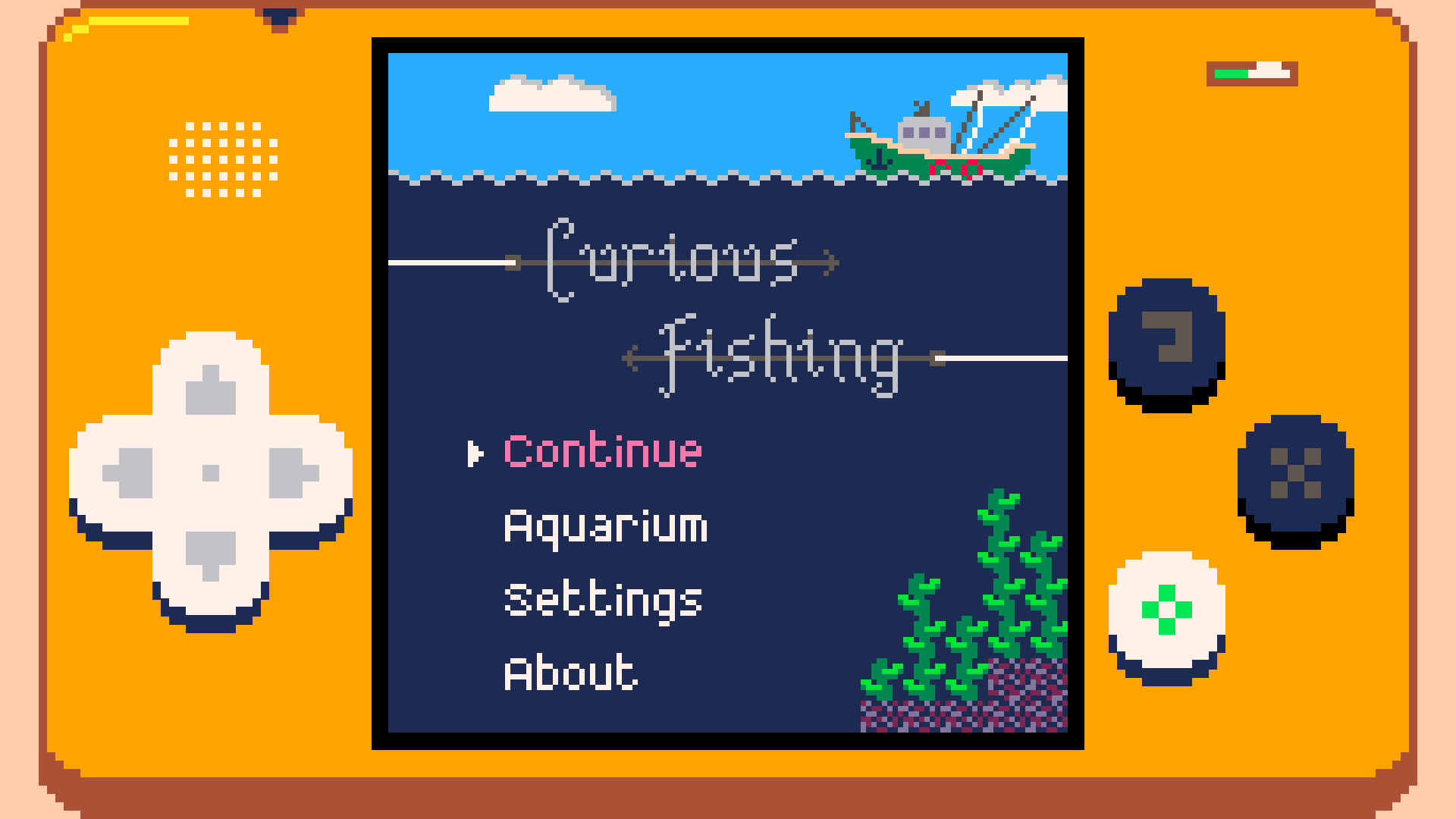 Pixel art style fishing game interface with a blue sea, a fishing boat, and a menu titled 'Curious Fishing' with options: Continue, Aquarium, Settings, About.