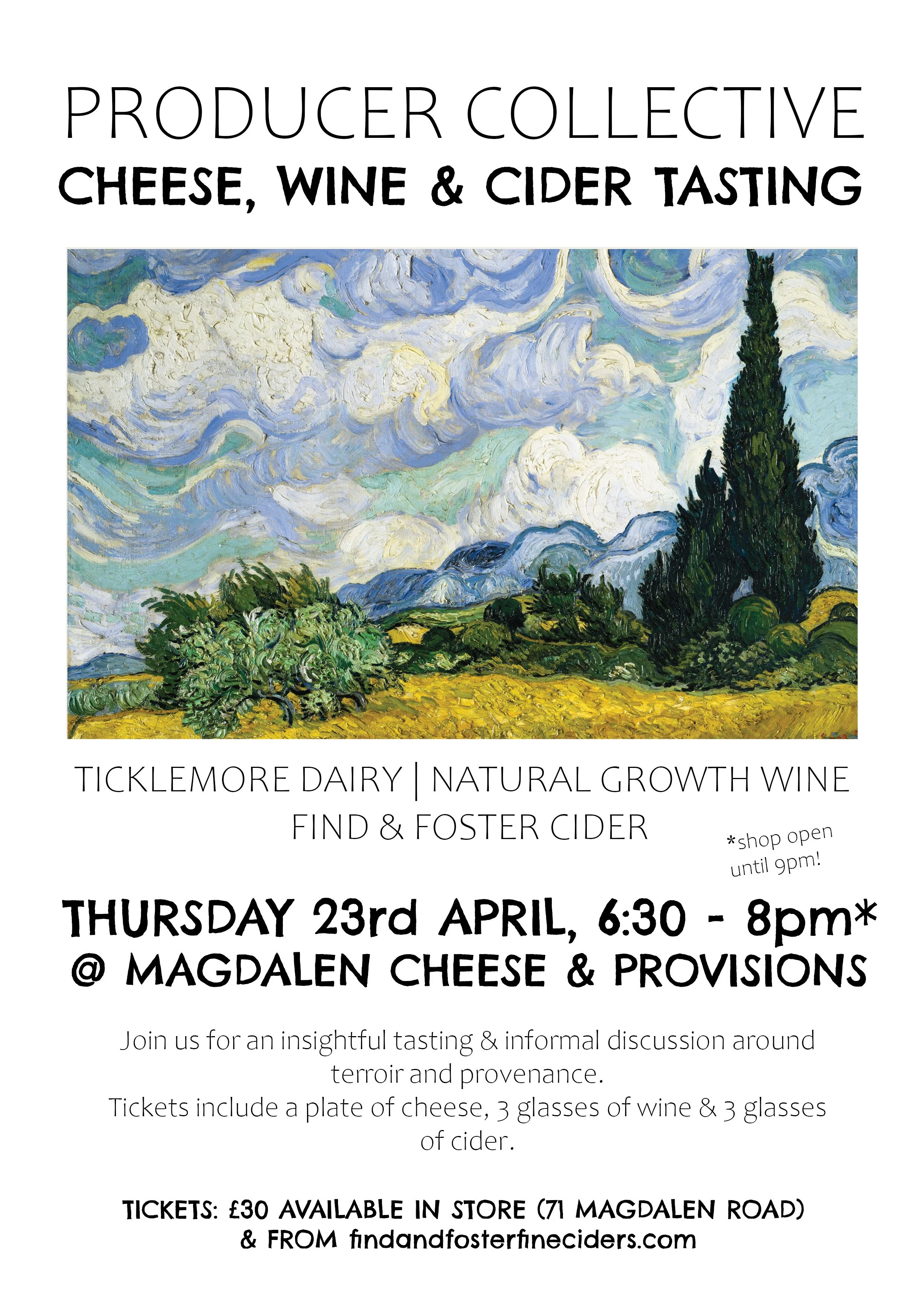 Wine, Cheese & Cider Tasting, 23rd April, 6.30-8pm at Magdalen Cheese & Provisions