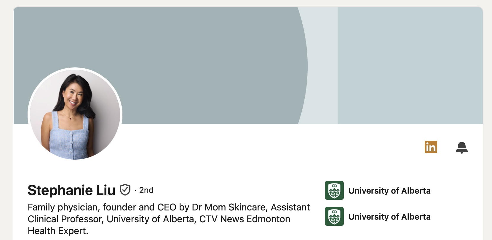 Stephanie Liu, Dr. Mom Skincare, LinkedIn profile featuring Edmonton corporate headshot