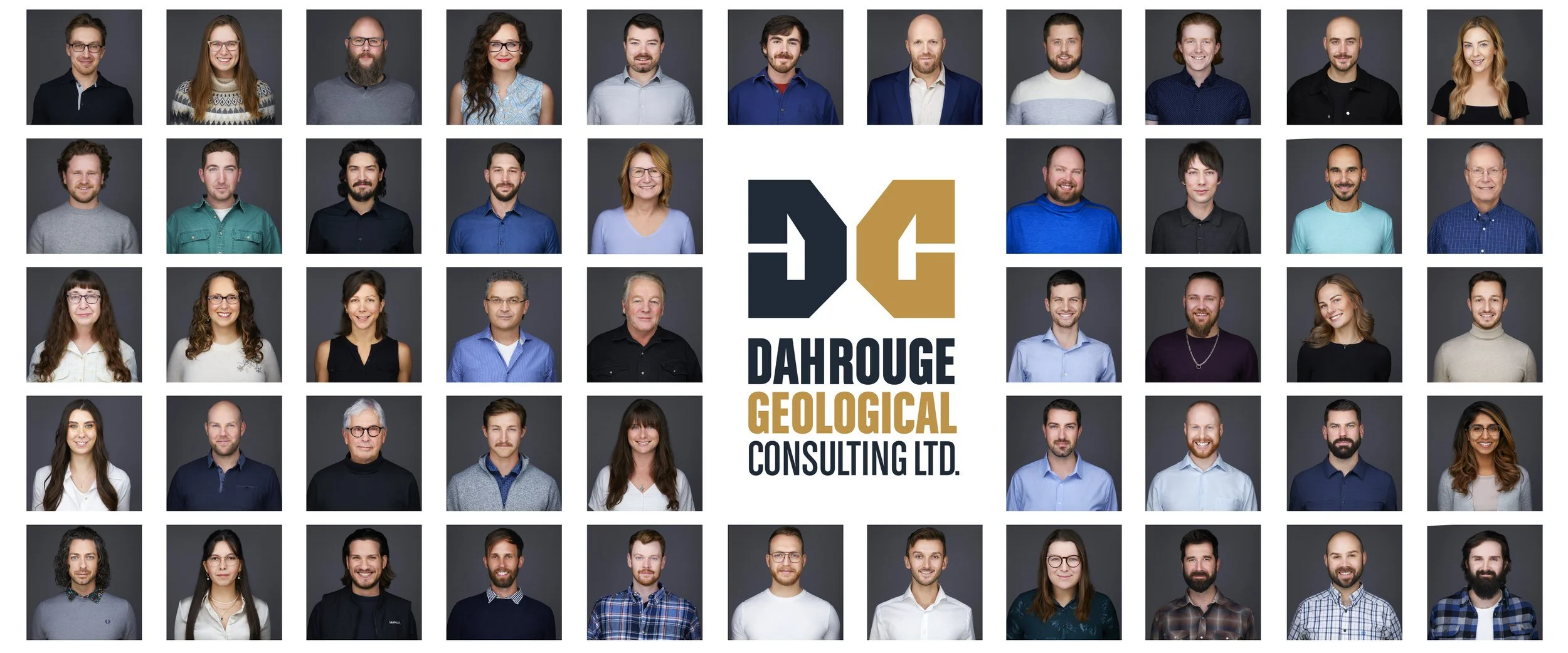 Grid of 47 individual corporate headshots on grey backgrounds with the Dahrouge Geological Consulting Ltd. logo centered among them.