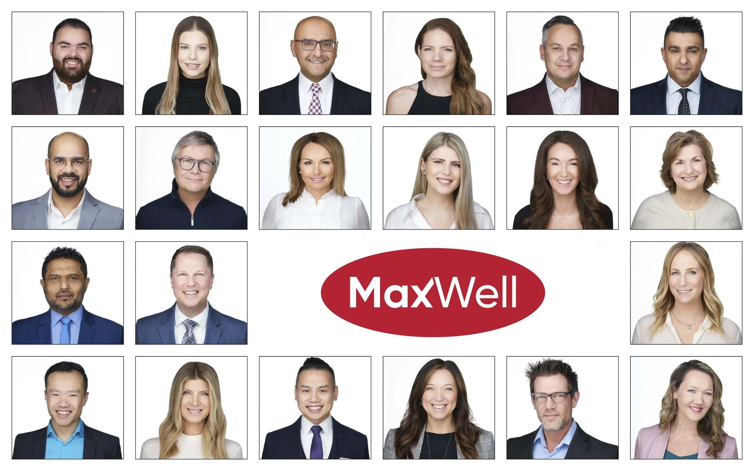 Grid of 21 individual corporate headshots on white backgrounds with the MaxWell logo centered among them.