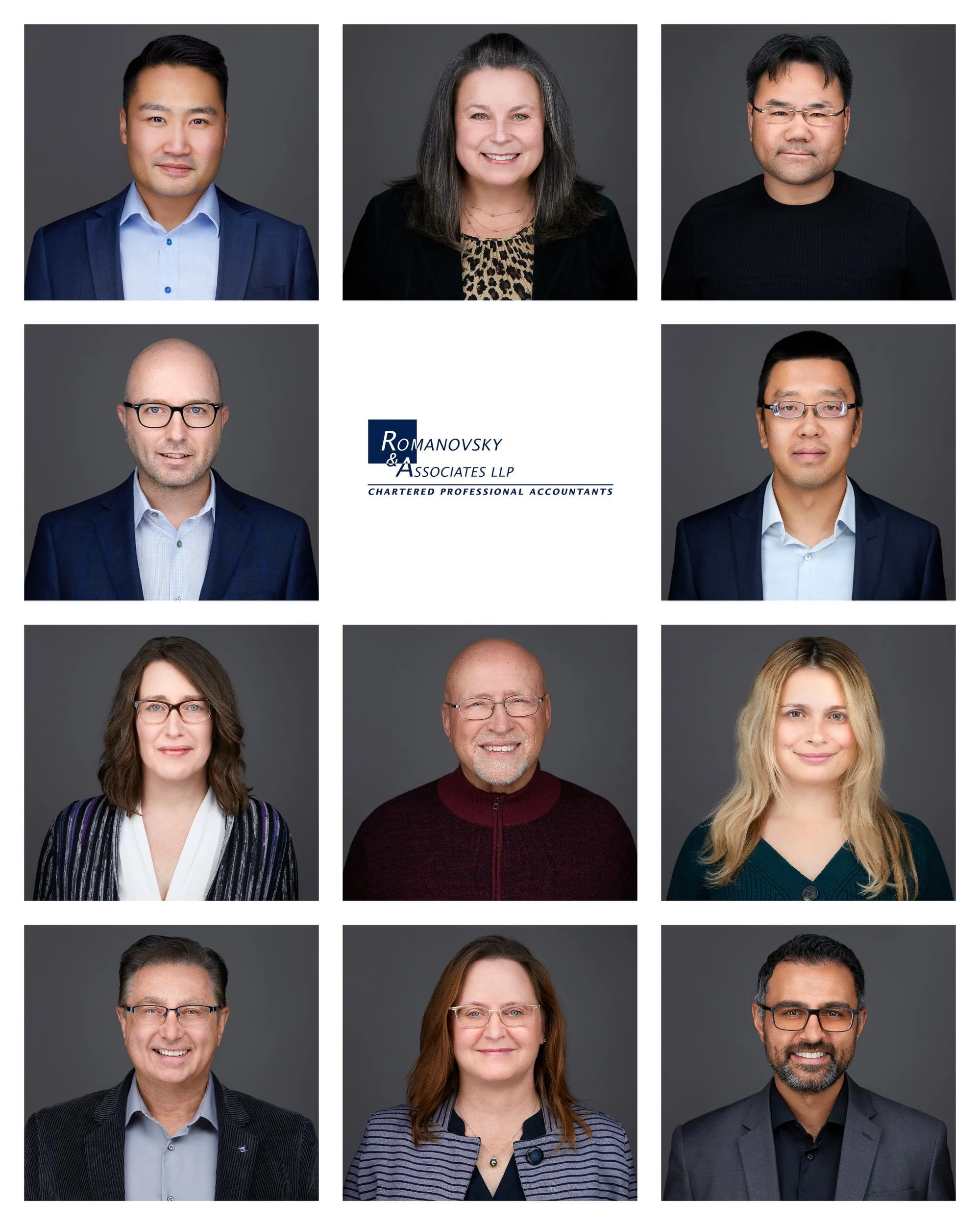 Grid of 10 individual corporate headshots on grey backgrounds with the Romanovsky &amp; Associates LLP Chartered Professional Accountants