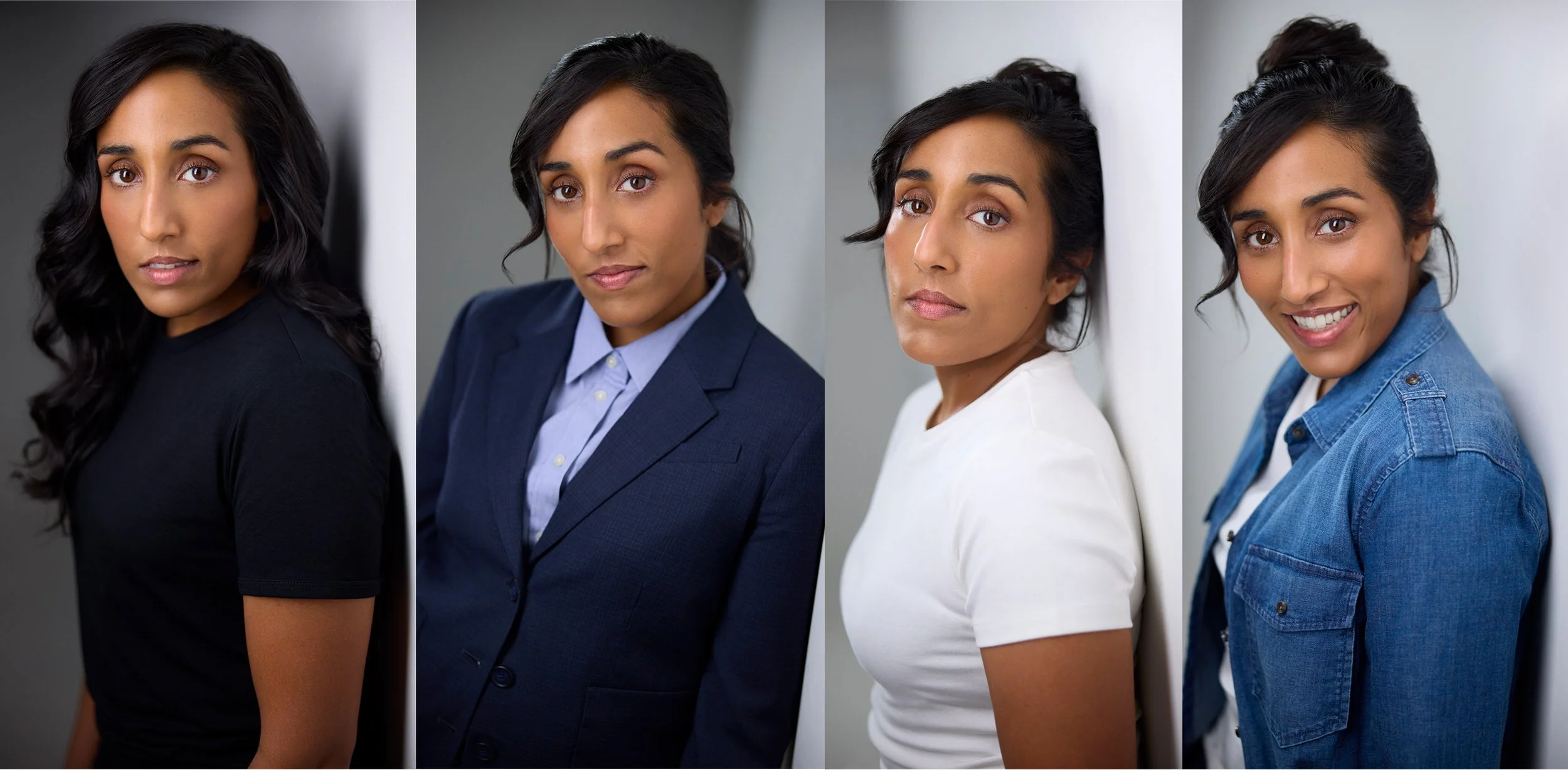 Four headshots from one session with Edmonton actor Ashley John, showing range from candid to corporate to warm and open, all recognizably the same person.
