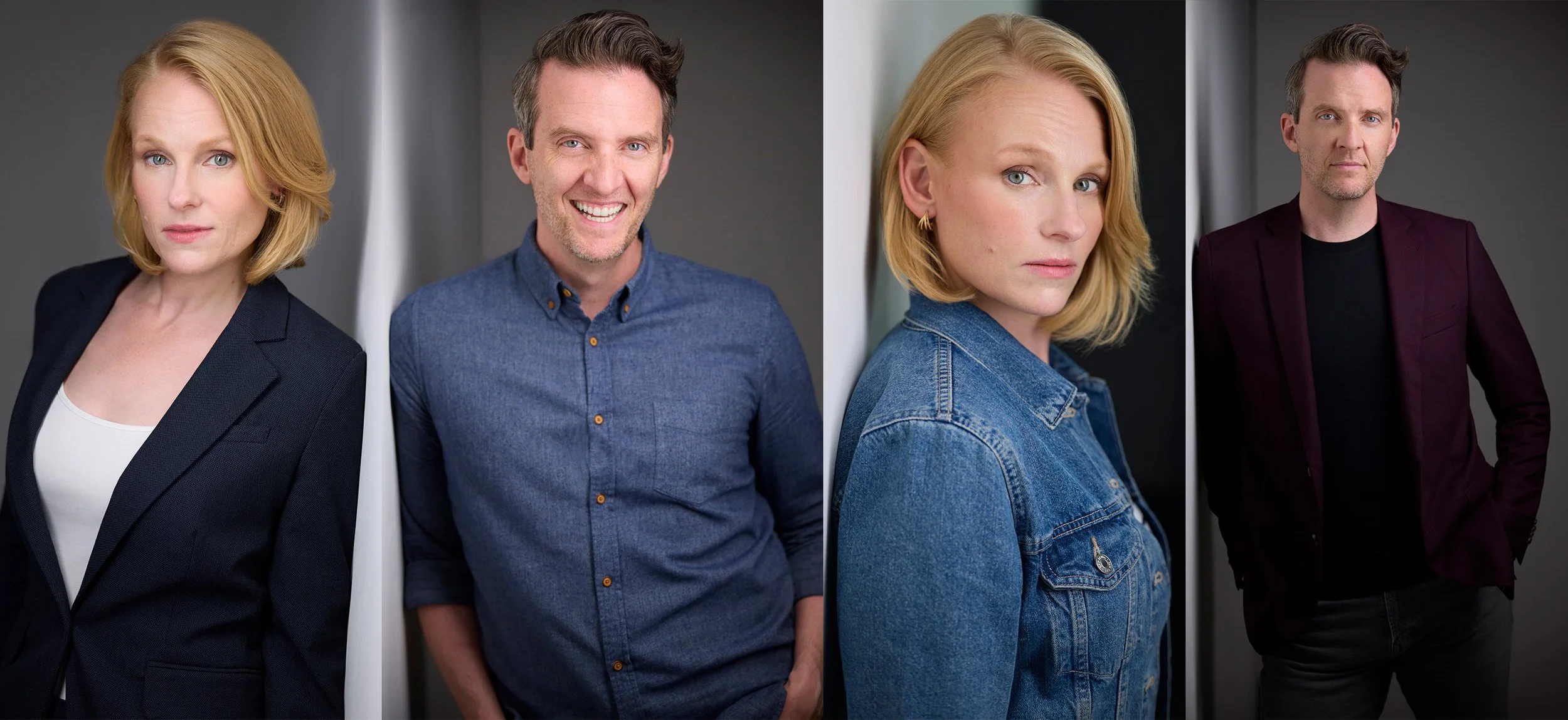 Two looks each for actors Andrew MacDonald Smith and Shannon Blanchett, showing the range of expression and angle possible in a single headshot session
