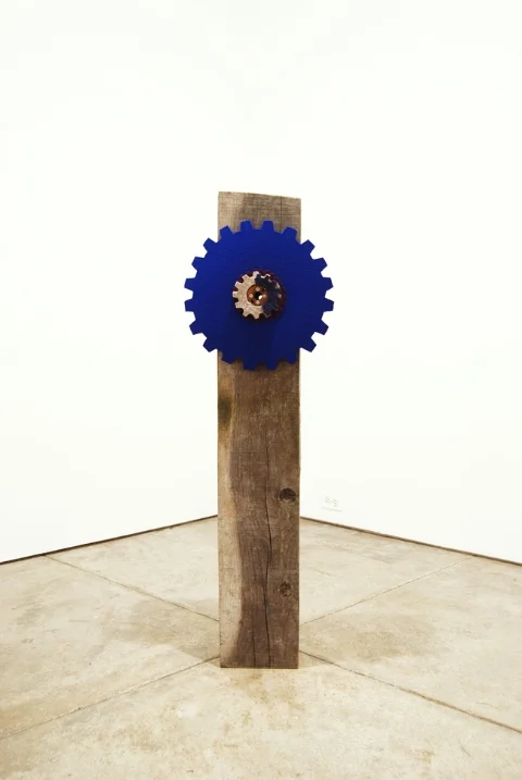    Moving Gear,&nbsp;   2012 |&nbsp;Felt, thread, vintage wood spool and   recycled wood beam  &nbsp;|&nbsp;116 x 15 x 20 cm  