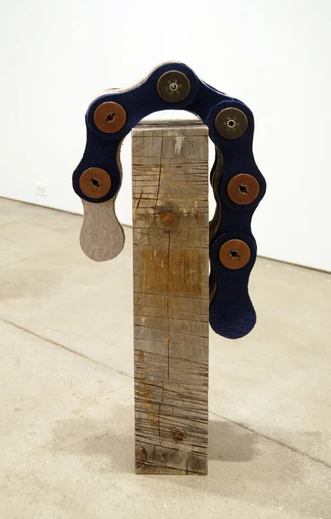    Prototype Chain,&nbsp;   2012 |&nbsp;Felt,&nbsp;vintage wood spools and   recycled wood beam  &nbsp;| Dimensions variable  