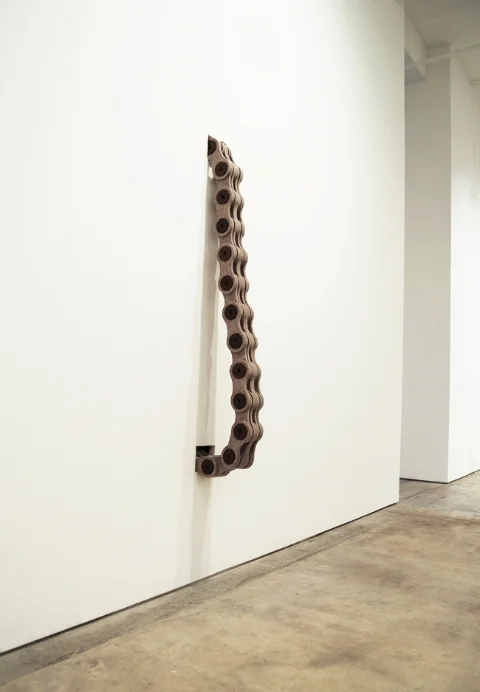    Gray and Electric Blue Double Chain,&nbsp;   2012 |&nbsp;Felt,&nbsp;vintage wood spools and   recycled wood beam  &nbsp;| Dimensions variable  