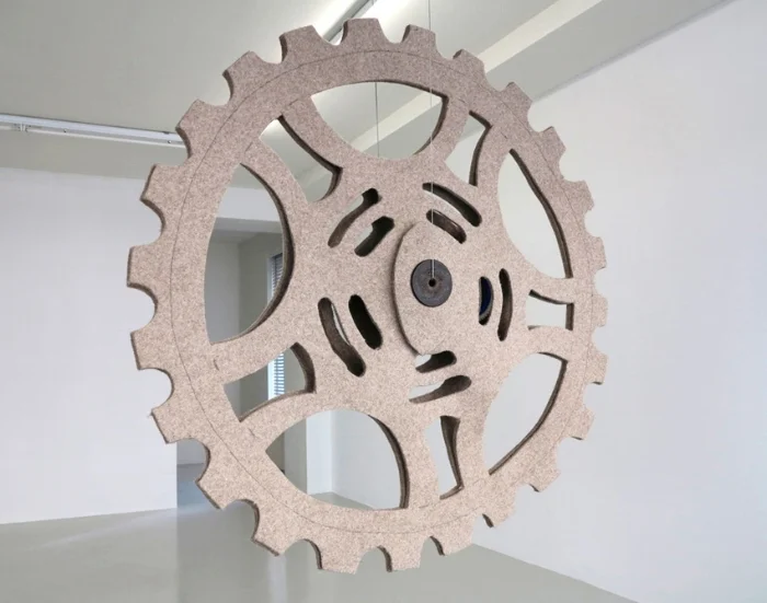    Industrial Gear,&nbsp;   2013 |&nbsp;Felt, thread and vintage wood spool |  ø ca.&nbsp; 110 cm | Galerie Christinger De Mayo, Zürich  