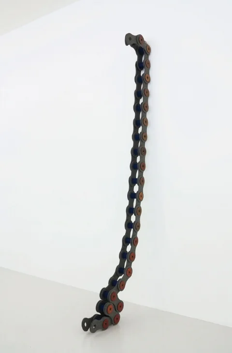    Lithobius on Wall,&nbsp;   2013 |&nbsp;Felt, thread and wooden spools | 250 x 11 x 9.5   cm | Galerie Christinger De Mayo, Zürich  
