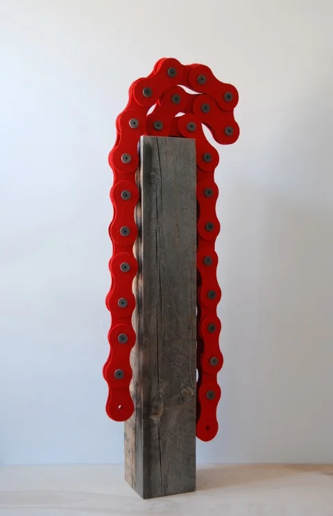    Red Chain,&nbsp;   2014 | Felt, thread, wooden spools and recycled wood beam | Object: 315  &nbsp;x 10 x 9 cm   | Galería Arroniz, Mexico City  