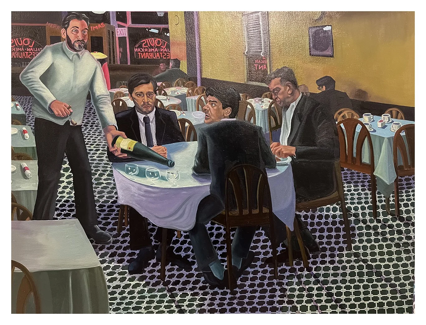 for Russell Lichtenthal, "Pouring Wine In The Godfather," oil on canvas, 42 x 56, 2021