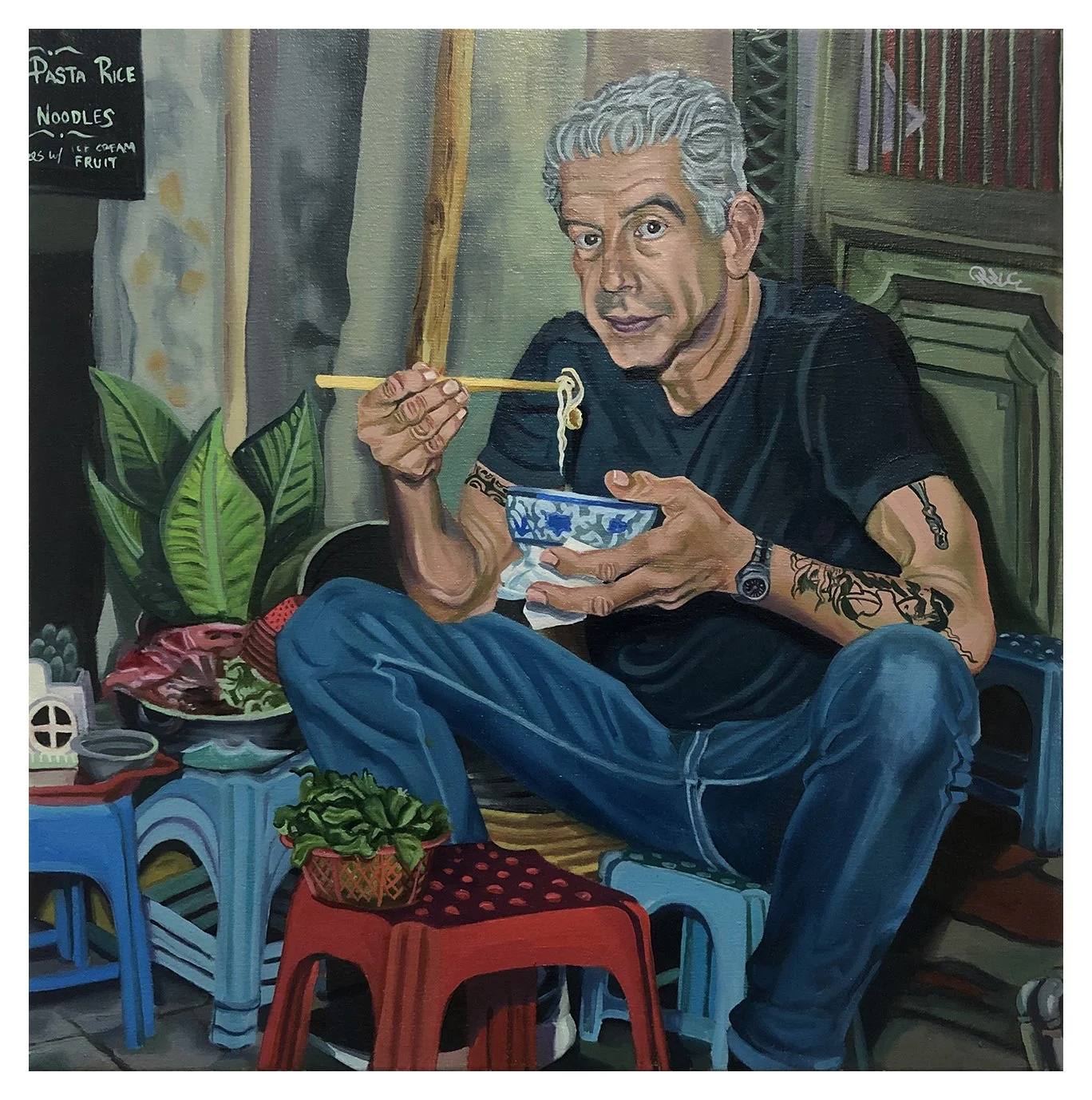 for Vincent Wiscons, "Anthony Bourdain," oil on canvas, 18 x 18, 2019