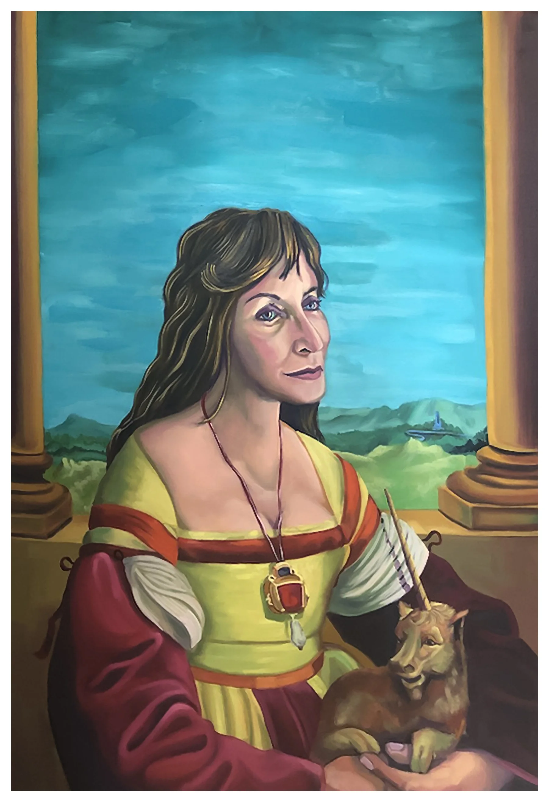 for Rona Shaw, "Rona With Unicorn," oil on canvas, 36 x 24, 2019
