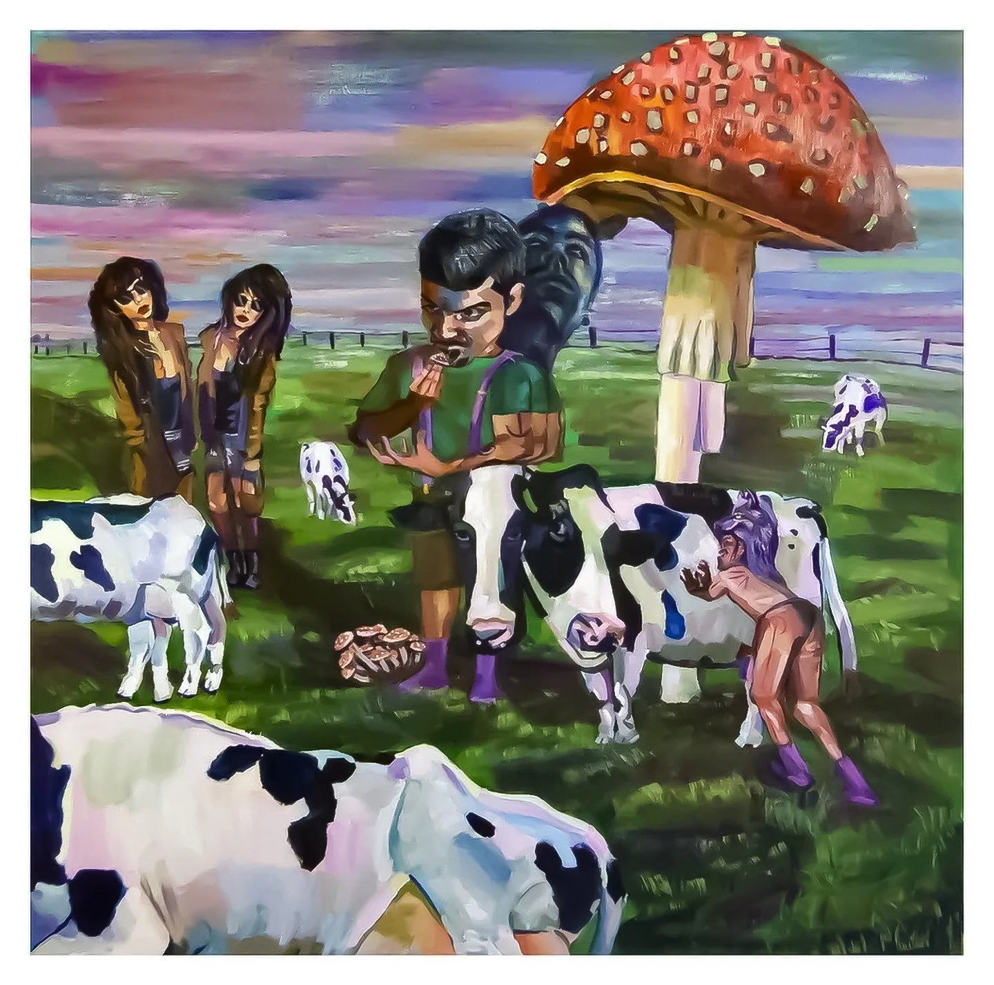 "Cow Tipping On Mushrooms," acrylic on wood panel, 48 x 48, 2012