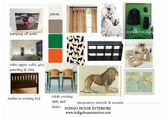 In this inspiration board I created for my son's room, green was the accent that balanced the fun with the tame. 