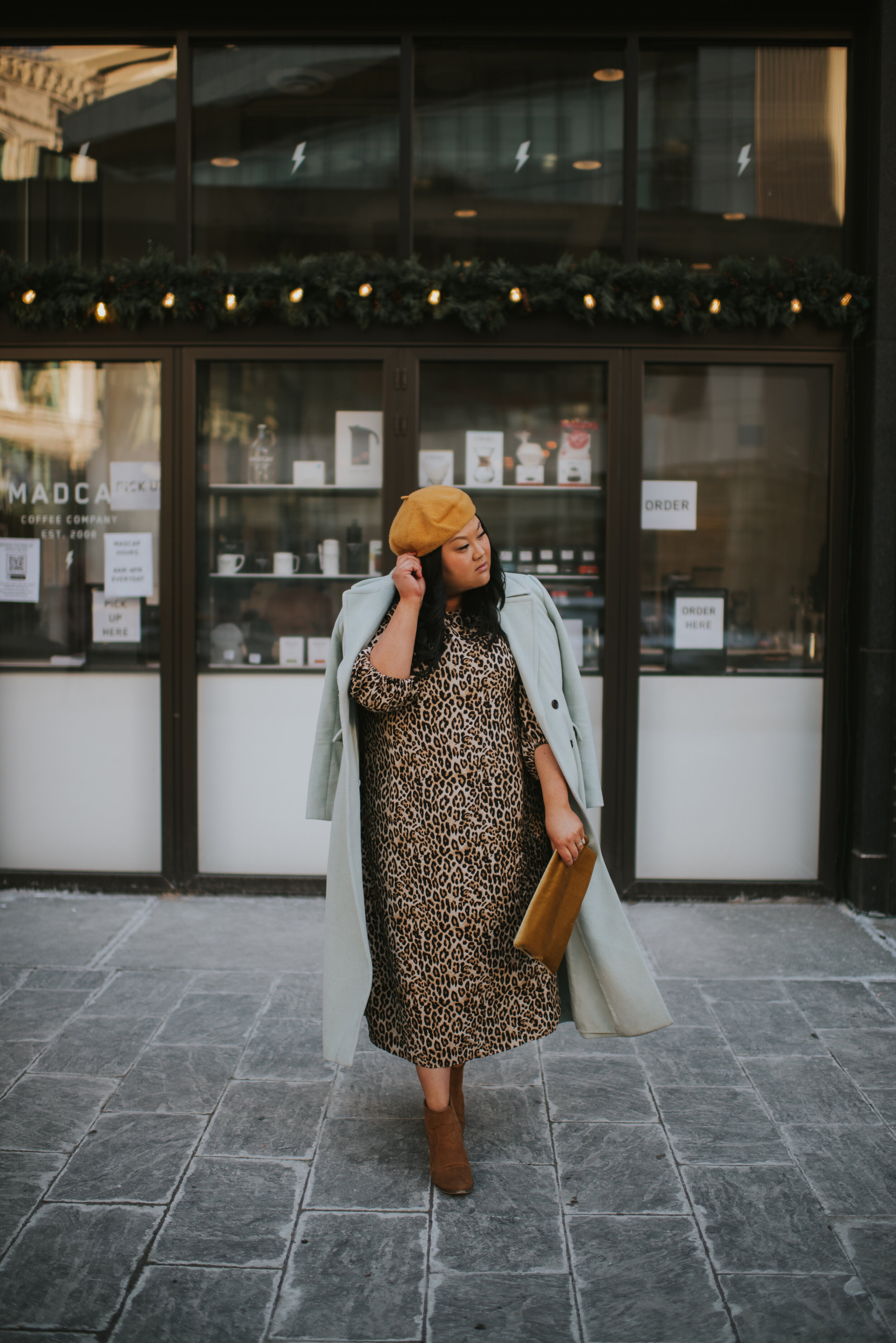 woman in leopard dress and beret | madcap coffee detroit | sincerely ashley blog
