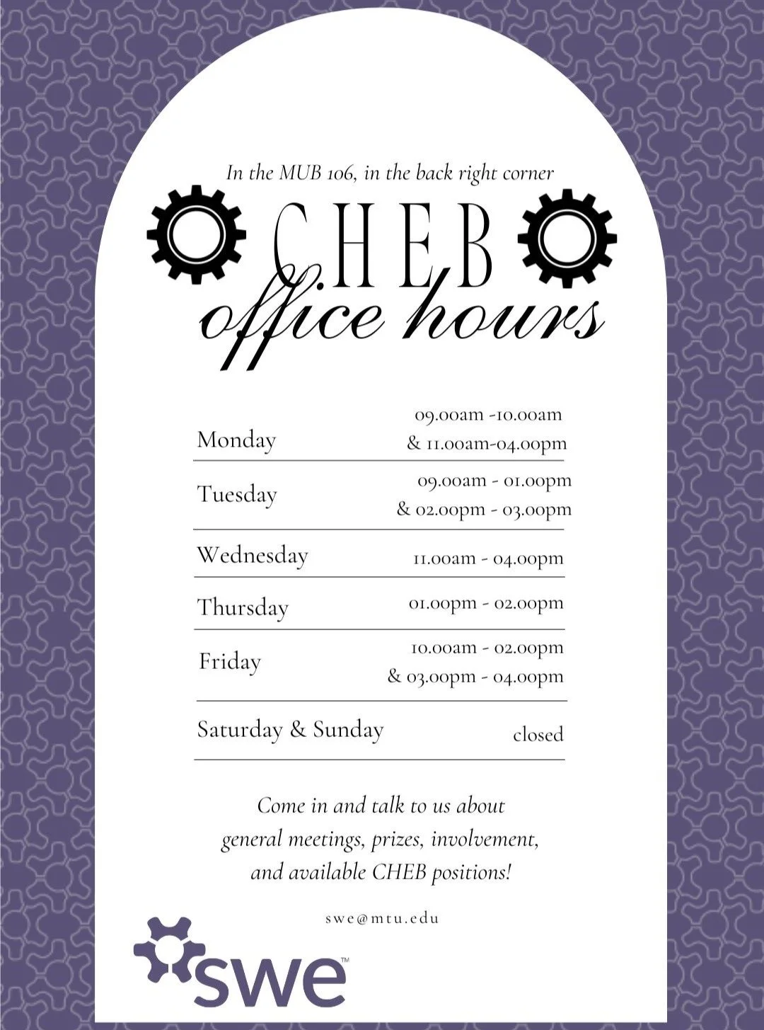 Swing into SWE's MUB office, in room 106, to ask questions about general meetings, involvement, available CHEB positions, and to pick up the tier prizes at any of our office hours. We love to see you!
#swe #michigantechhuskies