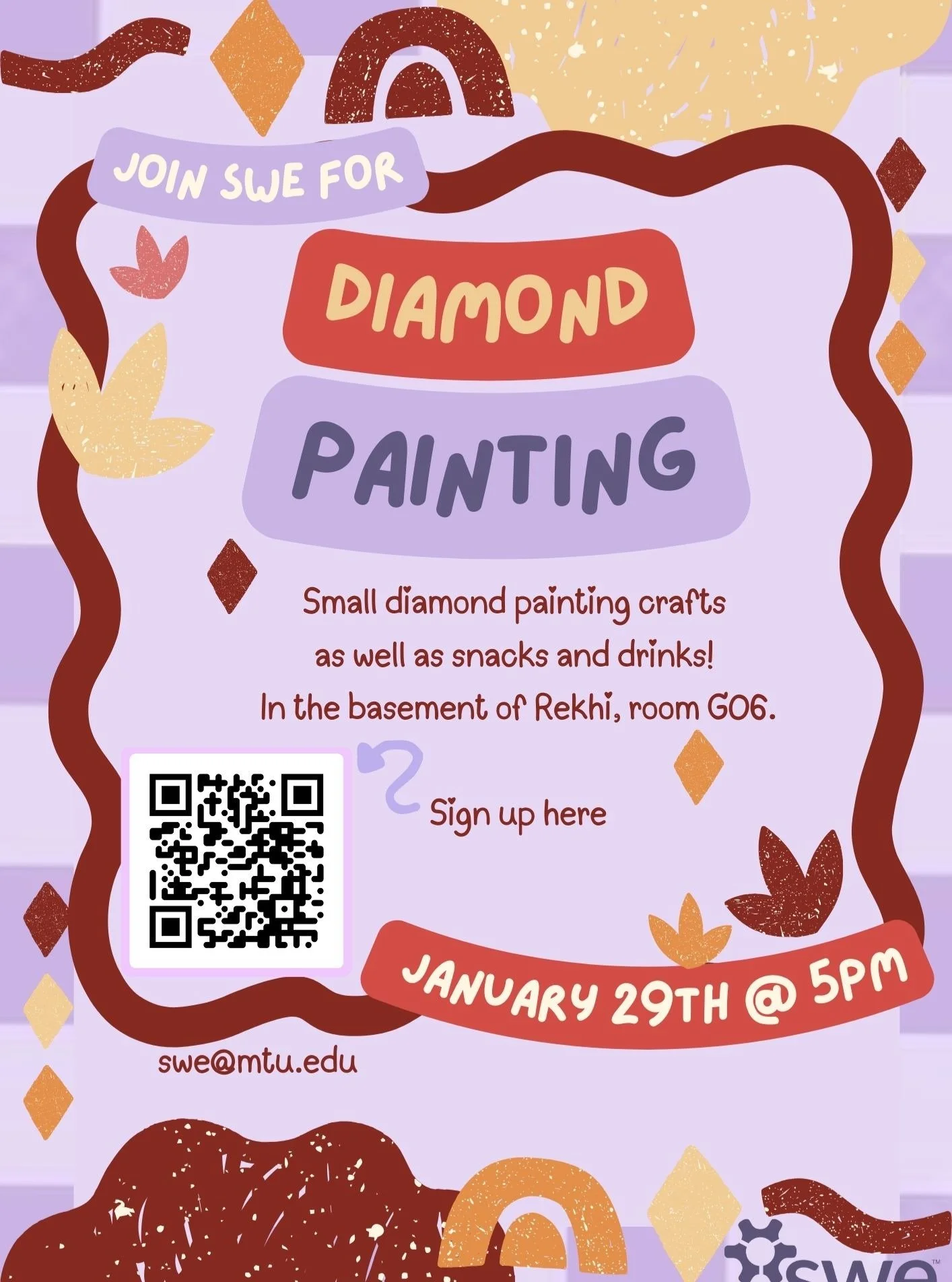 This Thursday, come join your fellow SWEsters to do some diamond painting in the basement of Rehki. All supplies provided! Sign up using the QR code or at https://docs.google.com/spreadsheets/d/1eNet-a25iqPfVTRS0BnrhgdfTDLn--yTbNlq5DXmG5k/edit?usp=sh