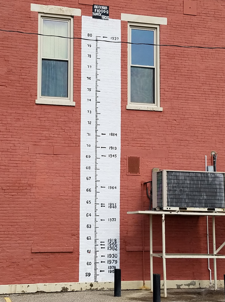 Riverside St. Rose Church scale shows how high the water got on the church during each major flood.