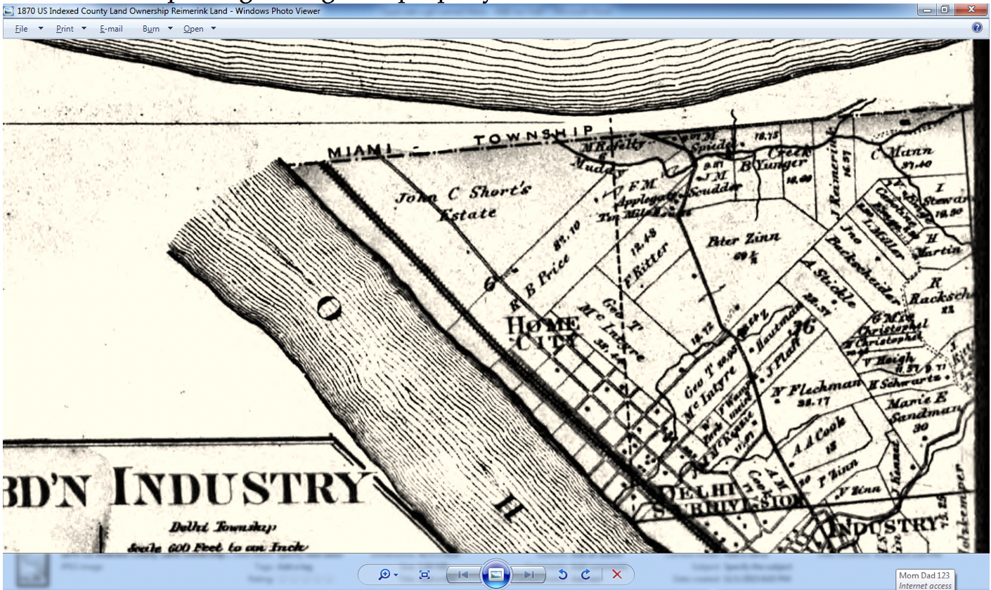 1870 Record showing property now belonging to Johanne Reimerink, lists the Muddy Creek where Francicus Kueper drowned. Under the words “Miami Township” follow it down to the word “Muddy” and look right 4 properties to the right is J. Reimerink with the creek passing through the property.